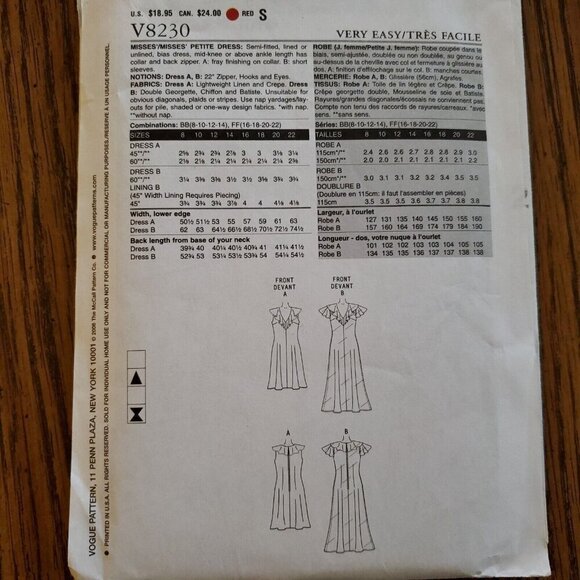Y2K Vogue Pattern V8230 Semi Fitted Bias Dress Deep V Neck Ruffle Collar 8-14 - Picture 3 of 3